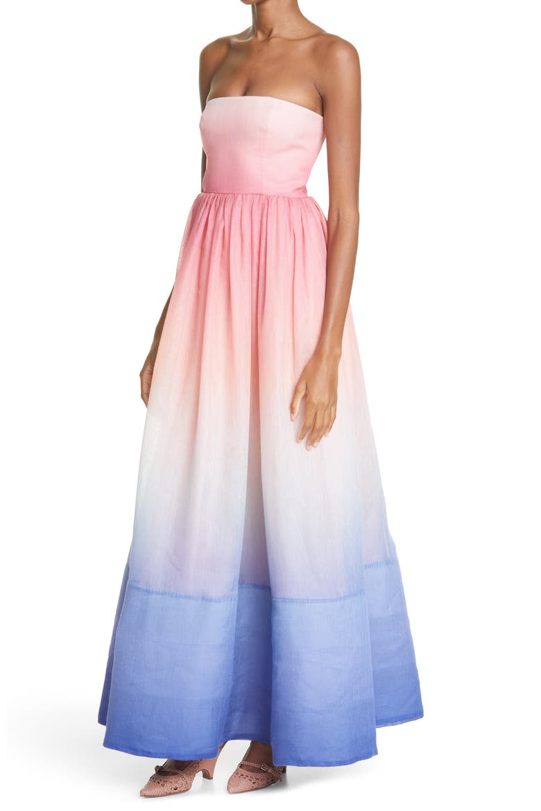 Postcard Strapless Silk & Linen Organza Gown, Alternate, color, OMBRE DAWN