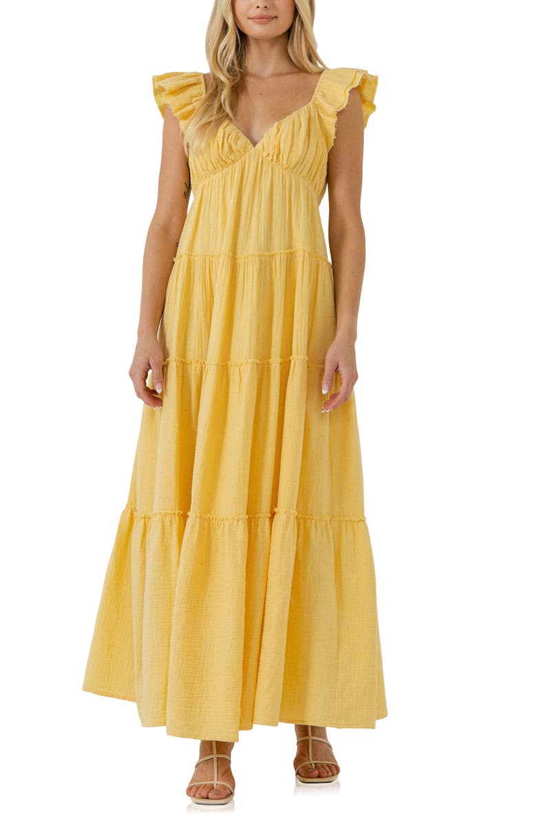 Free the Roses Sweetheart Neck Cotton Gauze Tiered Maxi Dress, Main, color, Yellow