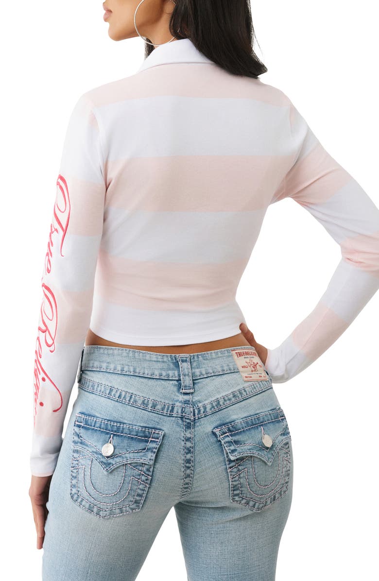 True Religion Logo Embroidered Long Sleeve Baby Polo, Alternate, color, Pink/ White Stripe