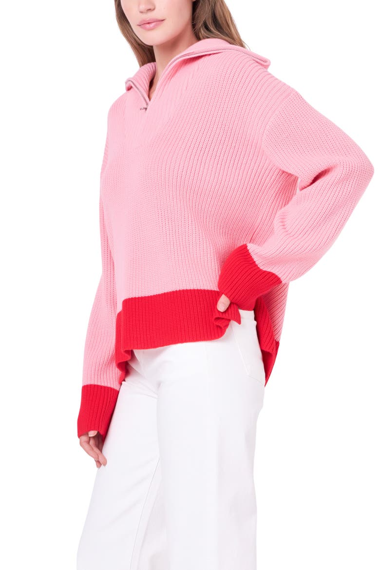 Contrast Quarter Zip Sweater, Alternate, color, PINK/ RED
