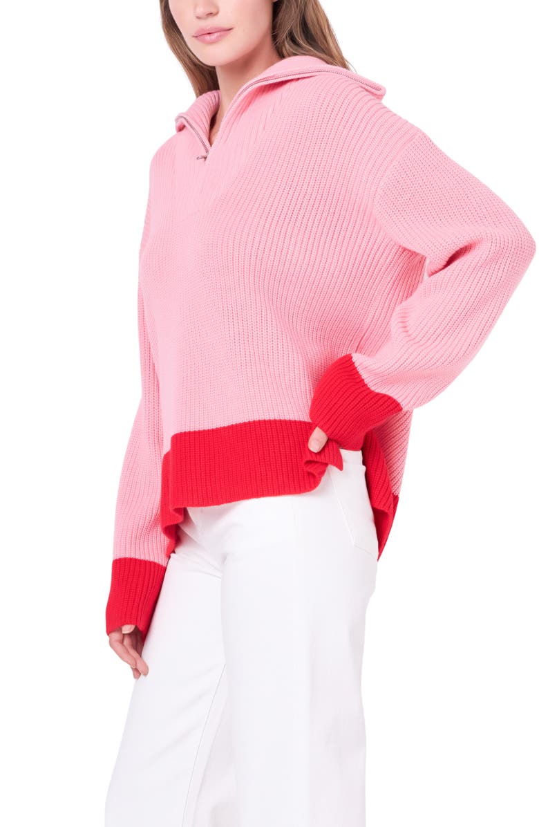 English Factory Contrast Quarter Zip Sweater, Alternate, color, Pink/ Red