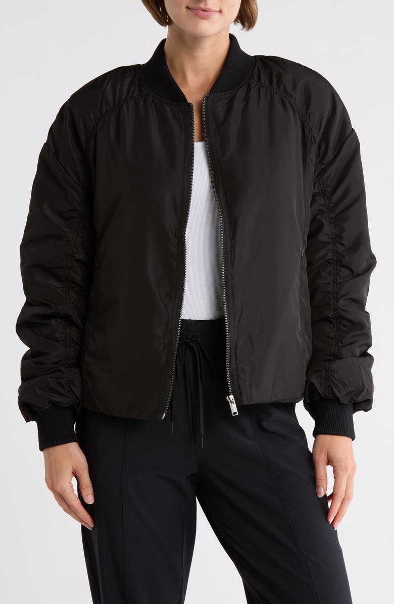 Z by Zella Ruched Sleeve Bomber Jacket, Main, color, Black