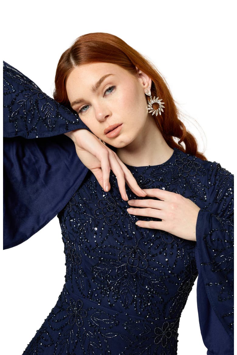Modest Embellished Sequin Beaded Maxi Dress With Frilled Sleeves, Alternate, color, MID NIGHT BLUE