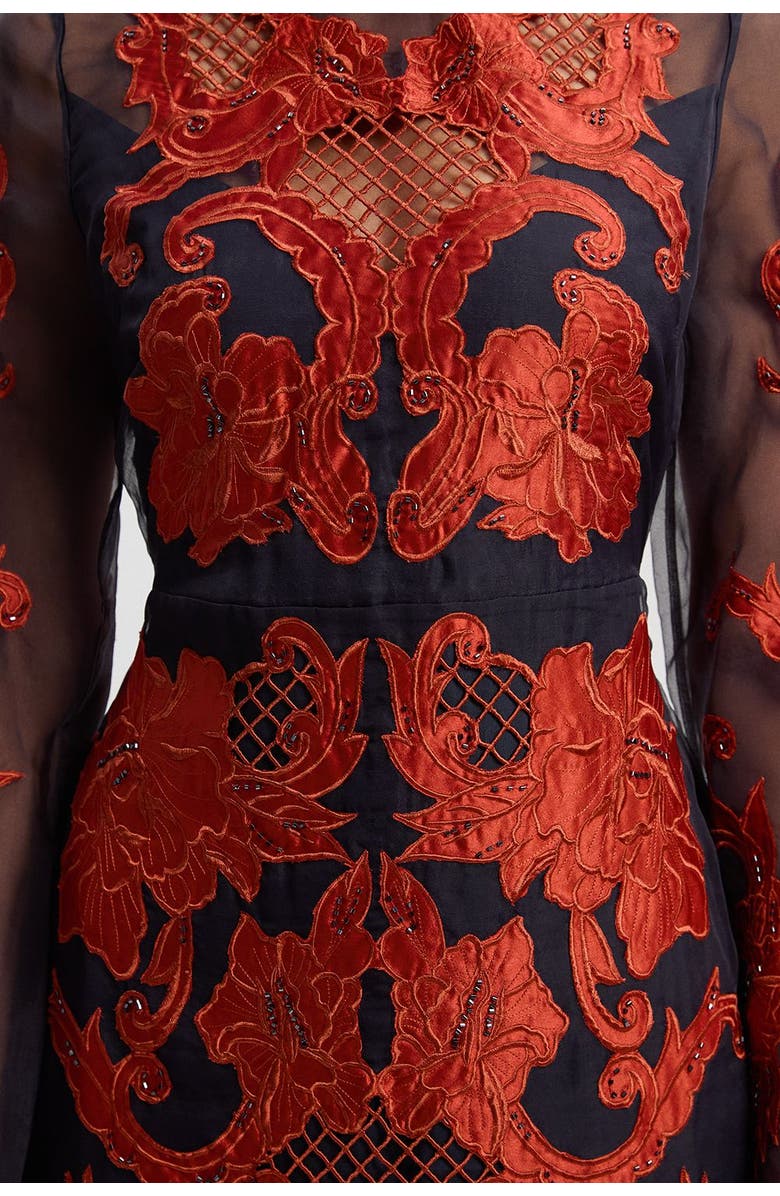 Karen Millen High Neck Embroidered Midi Dress, Alternate, color, Navy