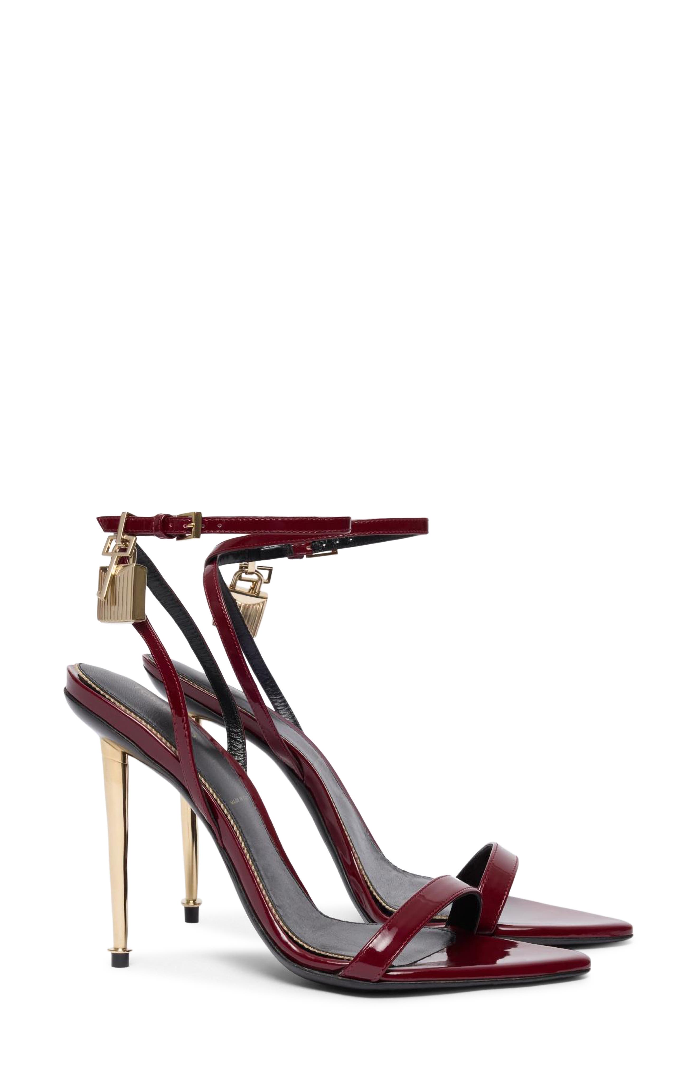 Padlock Pointy Toe Ankle Strap Sandal, Main, color, RUBY RED