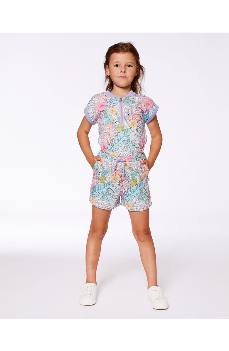 Deux par Deux Little Girl's Printed French Terry Romper Lilac Tropical And Pink Flamingos, Alternate, color, Lilac And Pink Flamingos