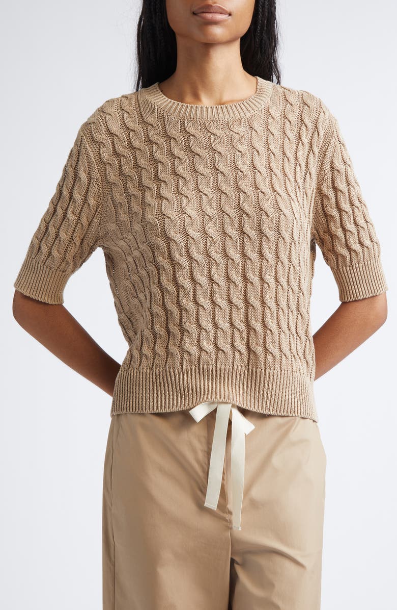 Max Mara Talamo Cable Knit Linen Sweater, Alternate, color, Desert