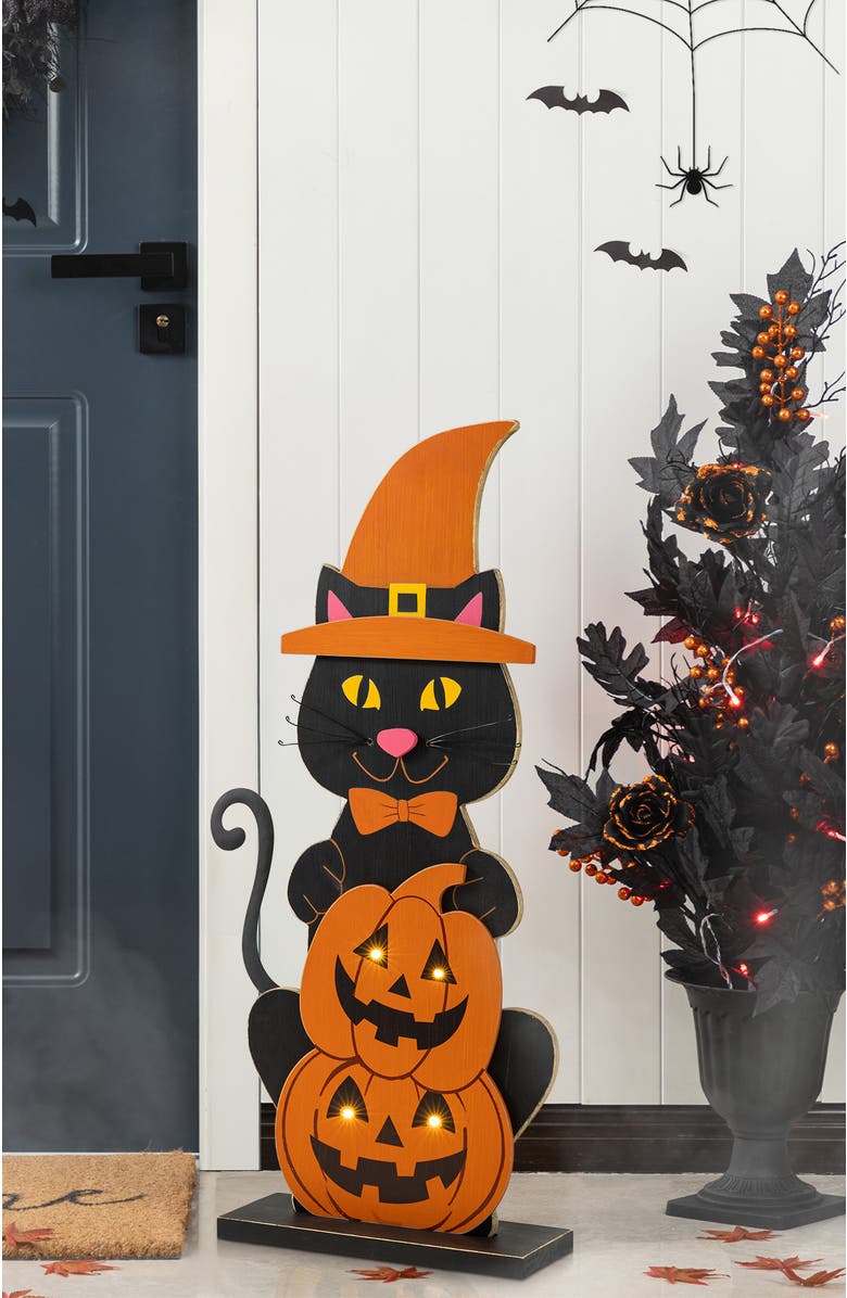 Glitzhom 30"H Halloween Wooden Lighted Witch Dog or Cat Porch Decor with Timer, Alternate, color, Black