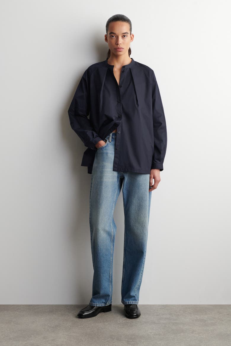Grandad-Collar Cotton Shirt, Alternate, color, NAVY