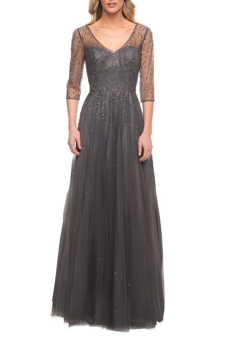 Tulle A-line Evening Dress with Beading, Main, color, Gunmetal