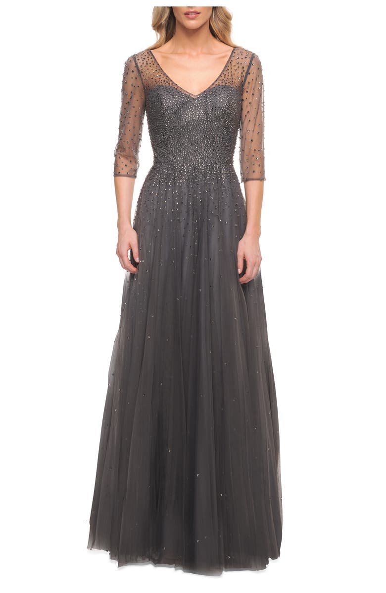 La Femme Tulle A-line Evening Dress with Beading, Main, color, Gunmetal