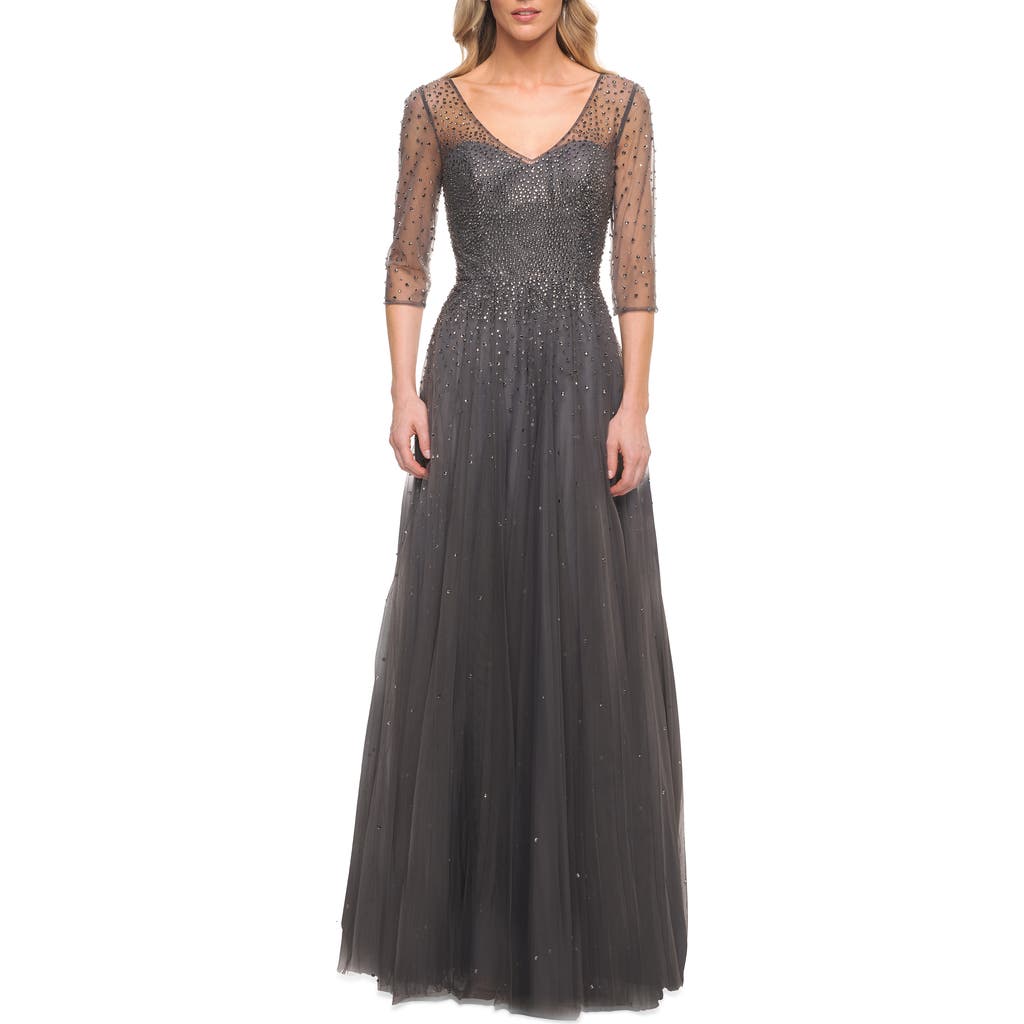 La Femme Tulle A-line Evening Dress With Beading In Gunmetal
