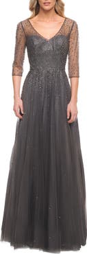 La Femme Tulle A-line Evening Dress with Beading