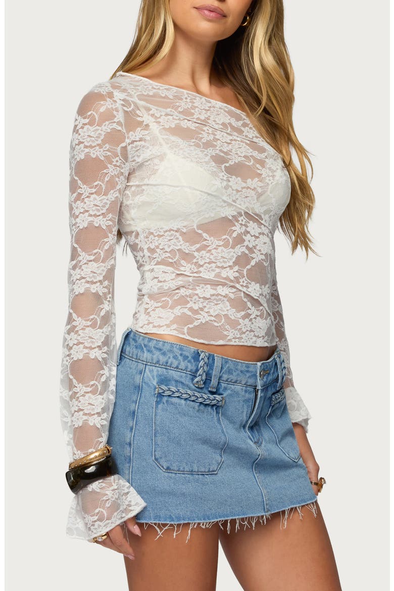 Stitched Sheer Lace Off the Shoulder Crop Top, Alternate, color, WHITE