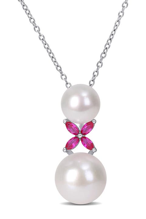 Sterling Silver Created Ruby & White Freshwater Cultured Pearl Cross Pendant