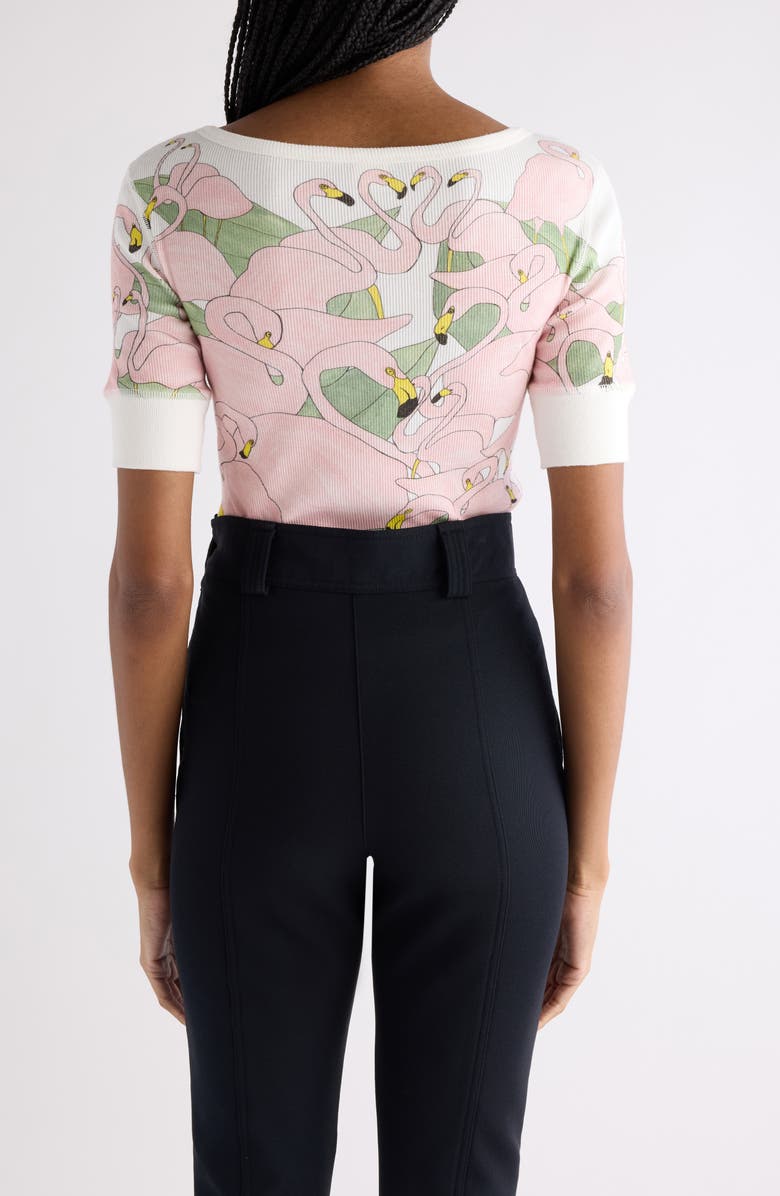 Chloé Flamingo Print Rib Jersey Henley, Alternate, color, Iconic Milk