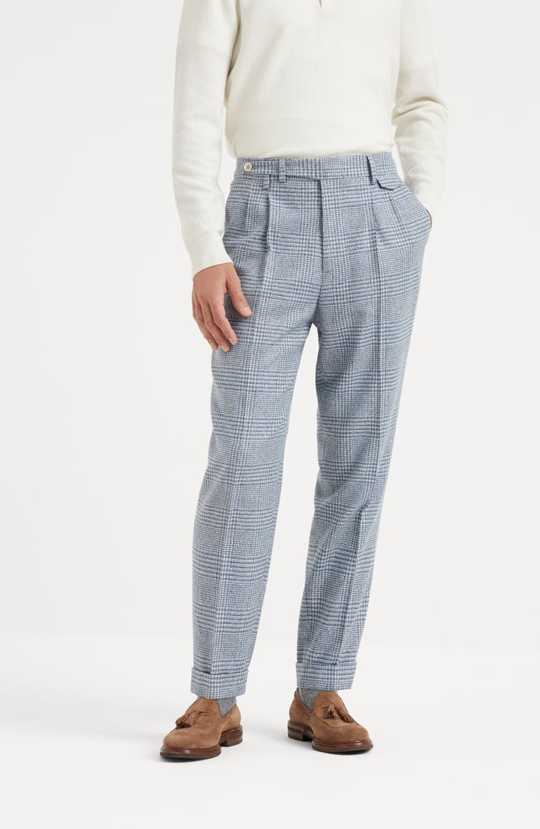 Brunello Cucinelli Comfort wool, silk and cashmere Prince of Wales leisure fit trousers with double pleats and tabbed waistband, Alternate, color, 