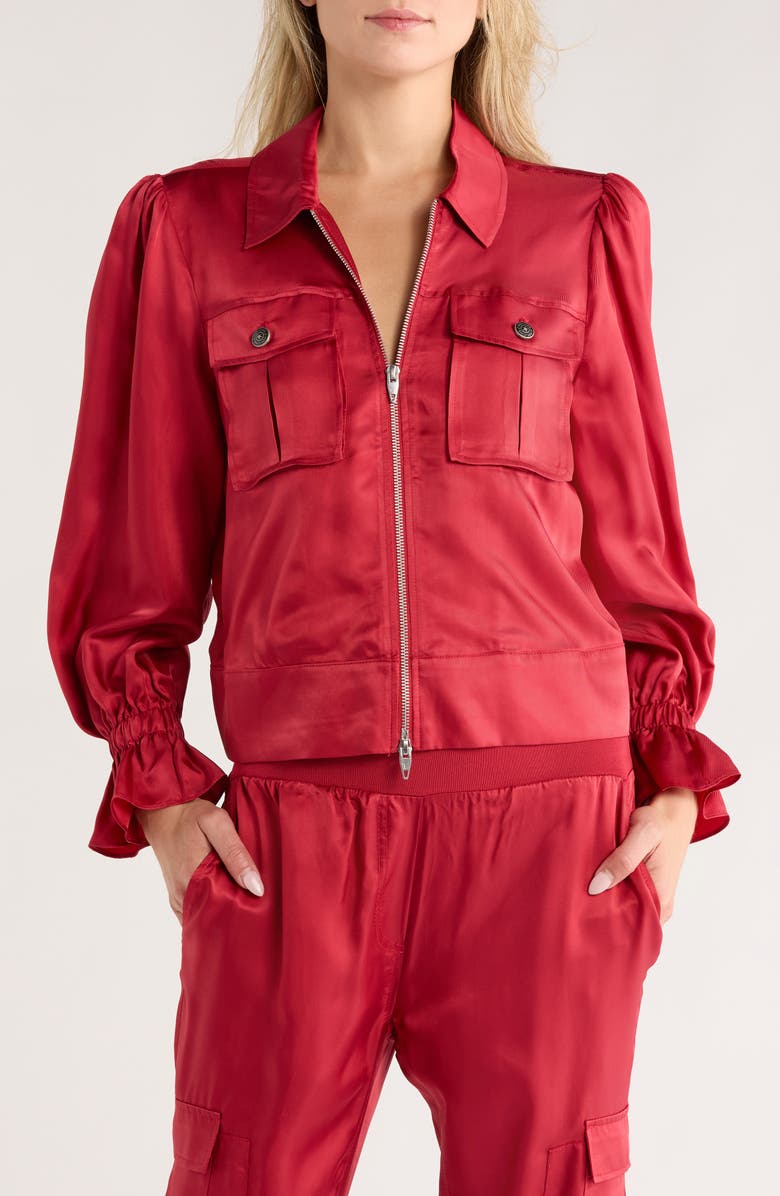 Cinq à Sept Holly Ruffle Satin Twill Jacket, Main, color, Red Currant