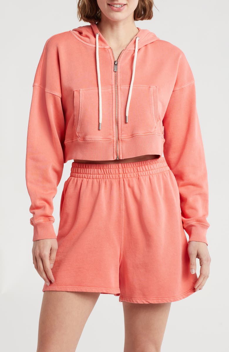 DKNY Rib Mix Crop Zip Hoodie, Main, color, Coral Crush