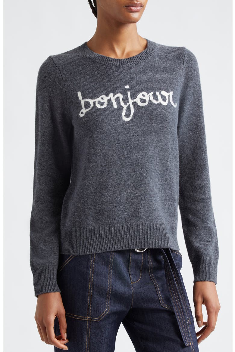 Bonjour Intarsia Crewneck Wool Blend Sweater, Alternate, color, HEATHER GREY/ IVORY