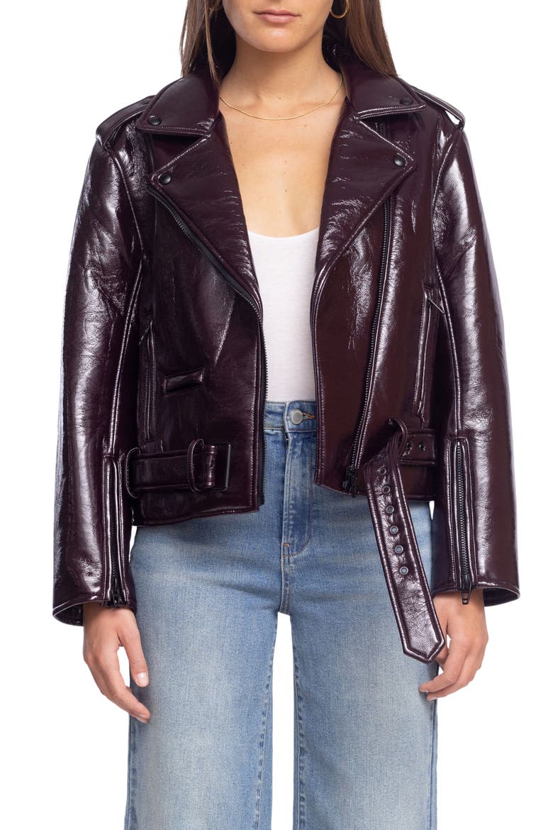 Shiny Crinkle Faux Leather Moto Jacket, Main, color, CHERRY PICKED