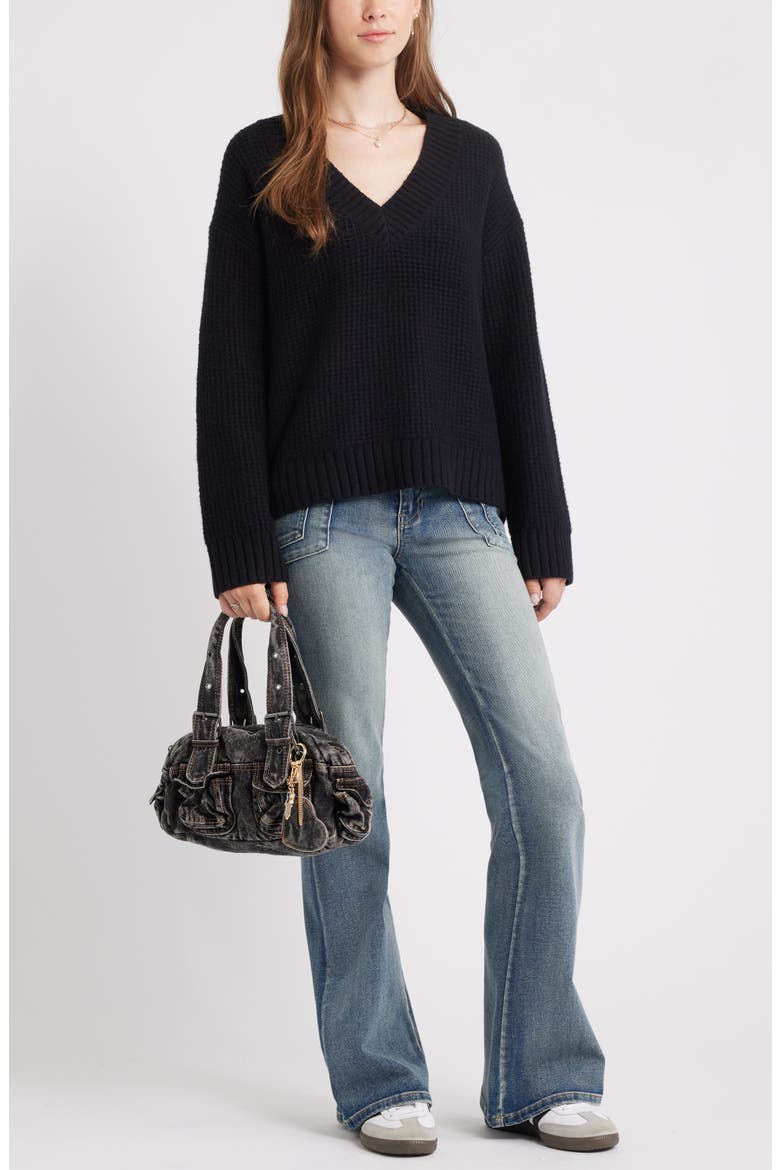V-Neck Thermal Sweater, Alternate, color, BLACK
