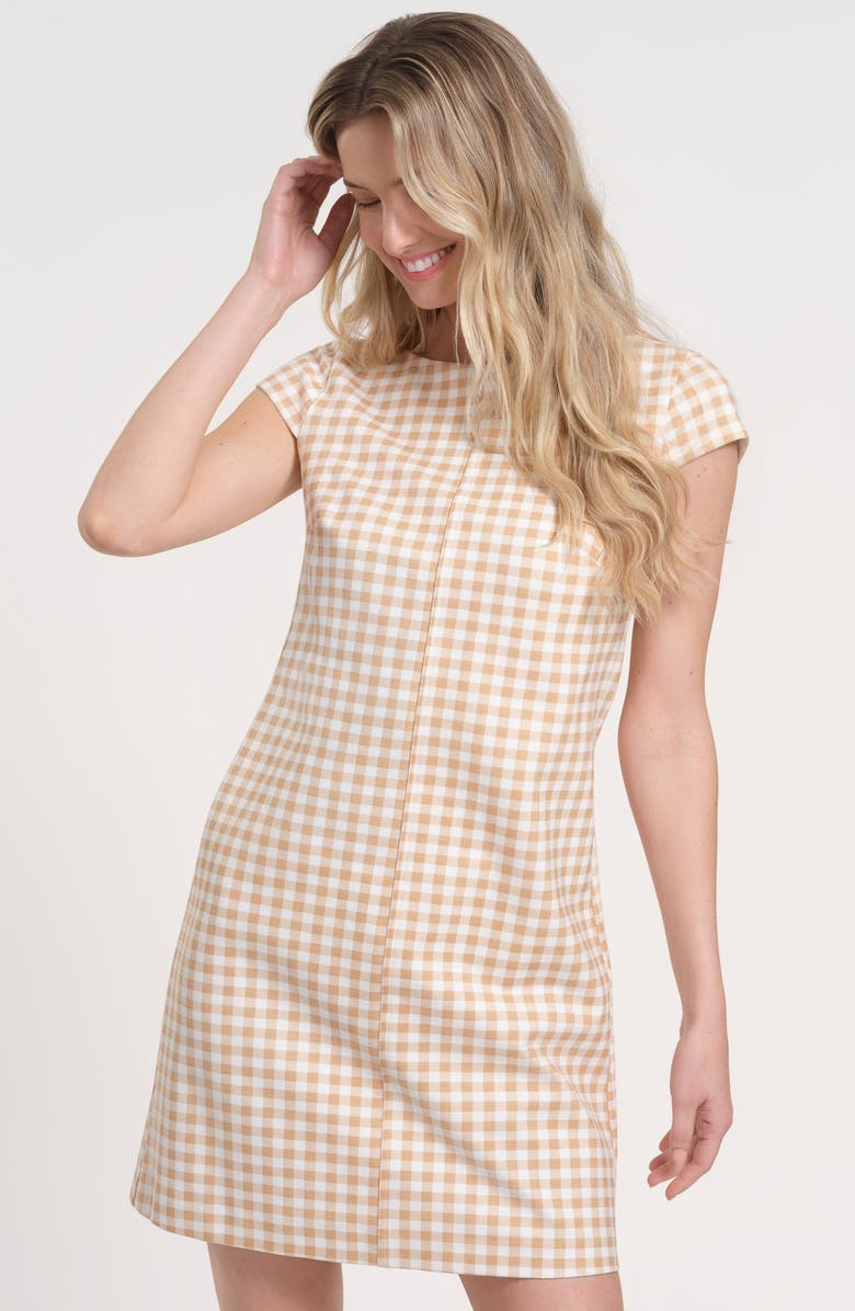 Isaac Mizrahi New York Gingham Cap Sleeve Minidress, Alternate, color, Beige/ White