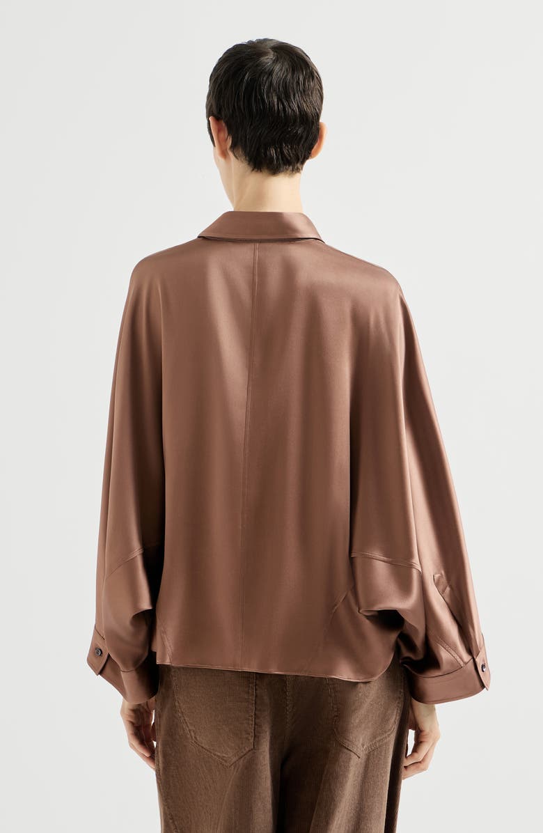 Brunello Cucinelli Stretch silk satin shirt with monili, Alternate, color, Brown