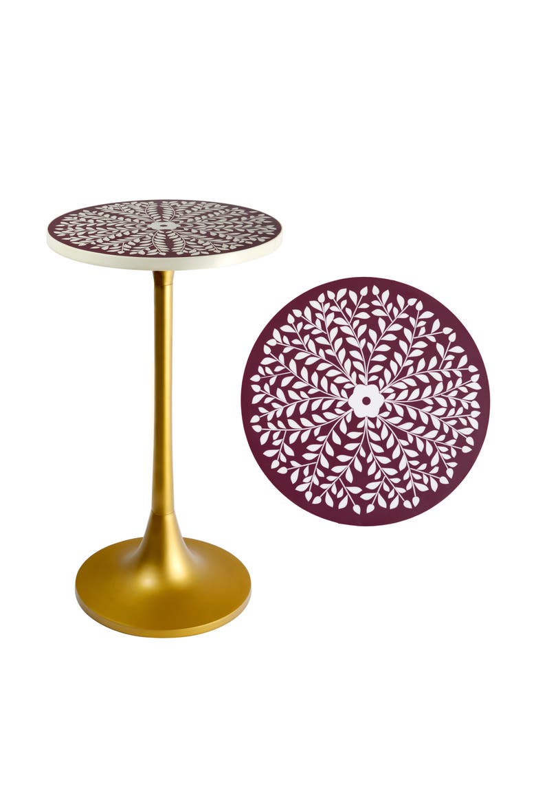 Nysha Bohemian Round Aluminum Tulip Pedestal End Table, Botanical Patterned Top Base - Decorative Accent Drink Side Table, Alternate, color, Purple