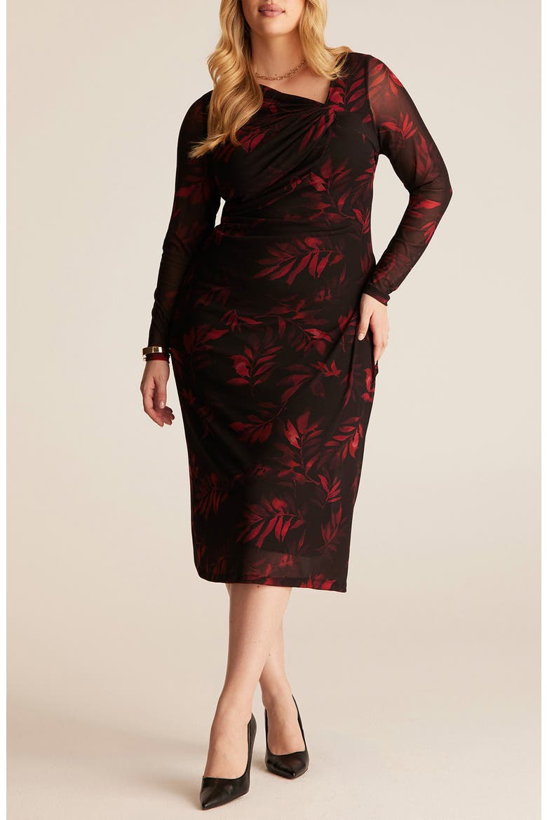 Noa Mesh Sleeve Midi Dress, Main, color, INFERNO