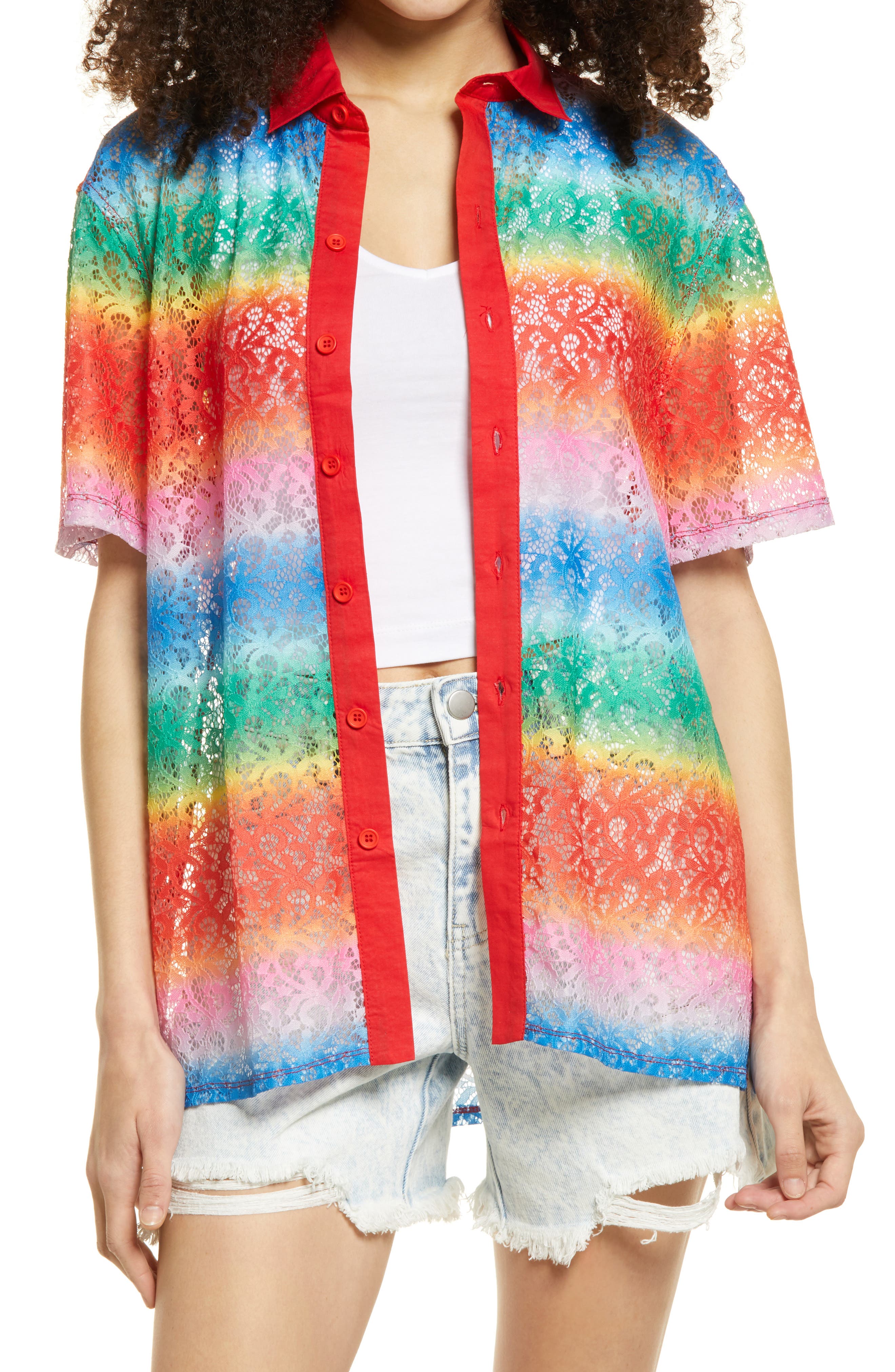 BP. Be Proud Pride Gender Inclusive Floral Lace Button-Up Shirt ...