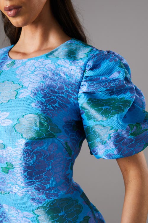 Coast Jacquard Floral Puff Sleeve Midi Dress In Blue