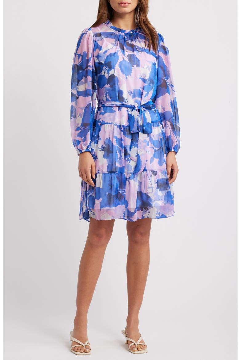 Floral Long Sleeve Tiered Dress, Main, color, BLUE MULTI