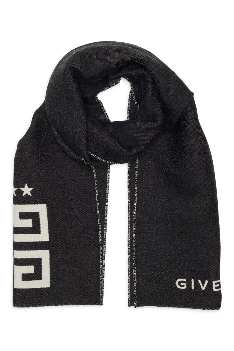Reversible Intarsia 4G Wool & Silk Scarf, Main, color, BLACK WHITE