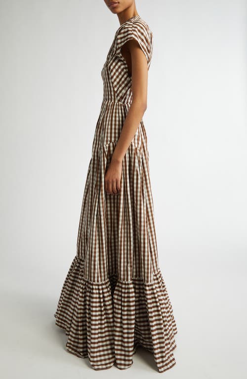 Lela Rose Gingham Check Gathered Shoulder Gown In Walnut