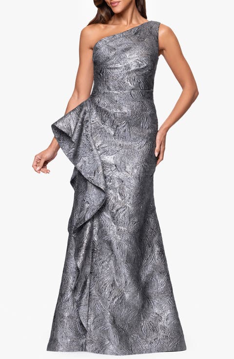 Metallic Ruffle One-Shoulder Jacquard Mermaid Gown