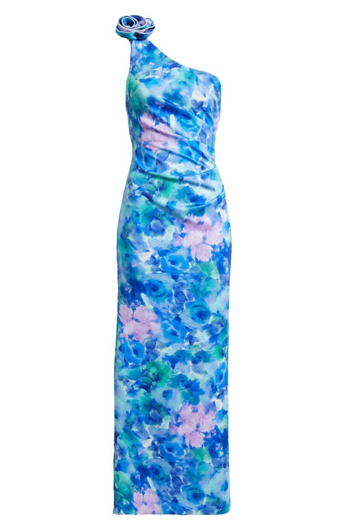 Eliza J Floral One-shoulder Evening Dress In Blue Multi