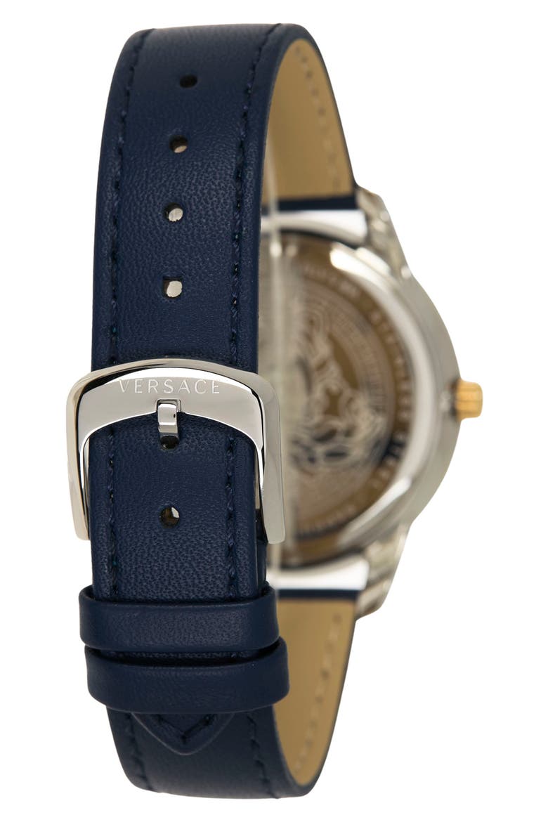 Women's Greca Leather Strap Watch, 38mm, Alternate, color, STAINLESS STEEL