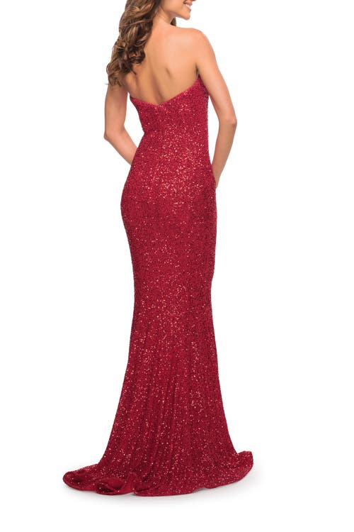La Femme Strapless Sweetheart Luxe Sequin Gown In Red