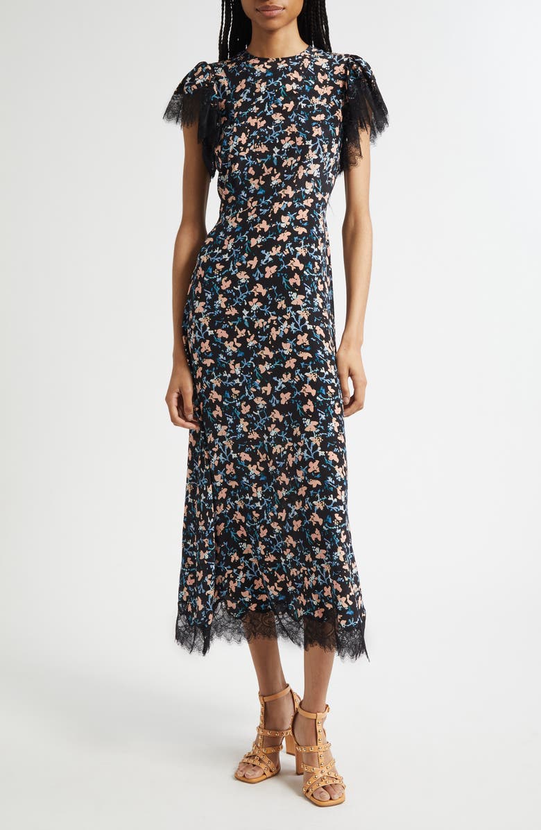 Ulla Johnson Renee Lace Trim Flutter Sleeve Silk Cocktail Dress, Main, color, Nocturne