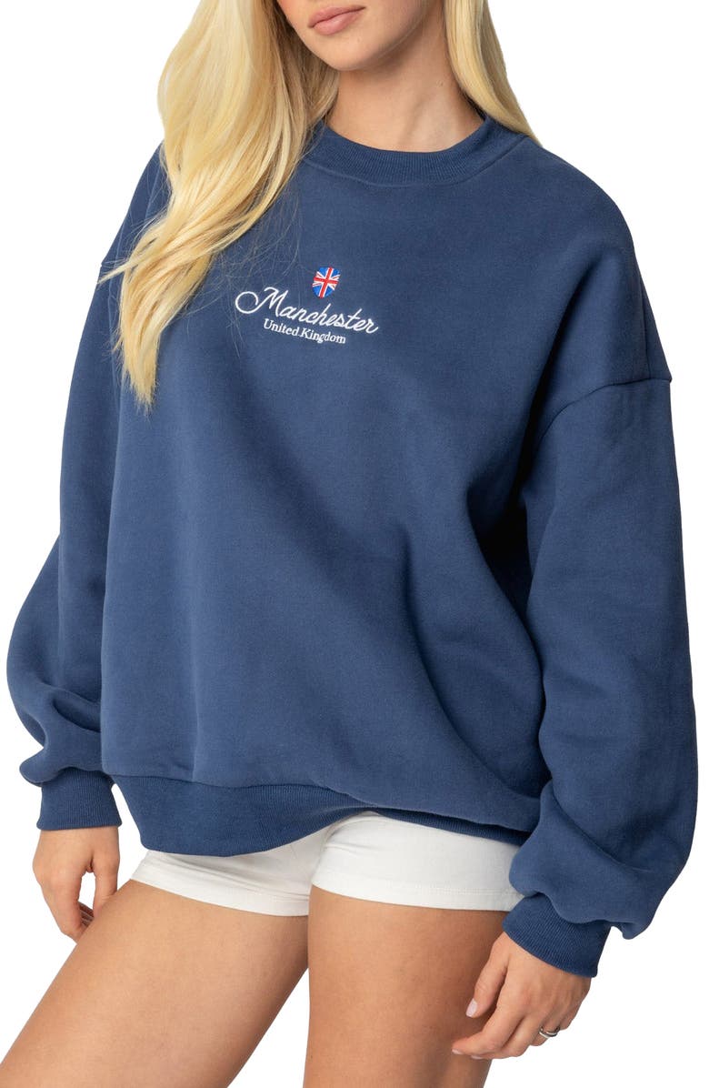 EDIKTED Manchester Embroidered Oversize Graphic Sweatshirt, Alternate, color, Navy