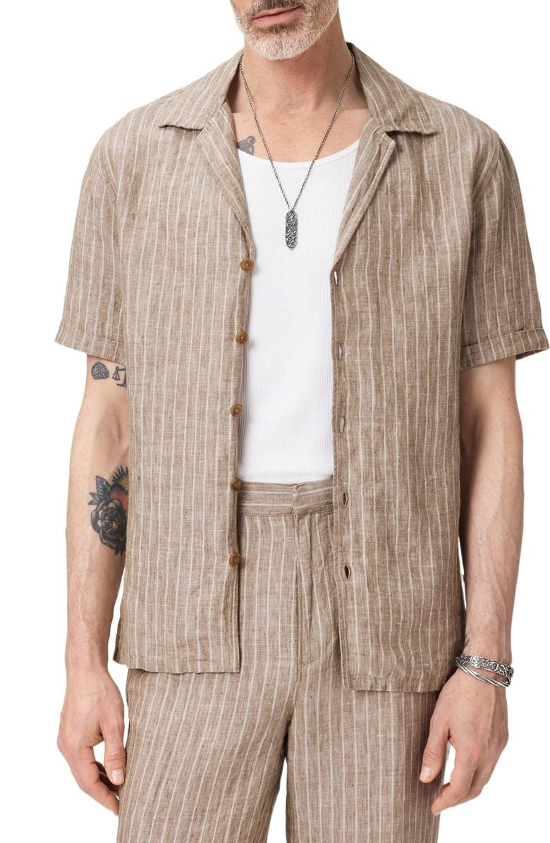 John Varvatos Grady Stripe Linen Camp Shirt, Alternate, color, Faded Twine