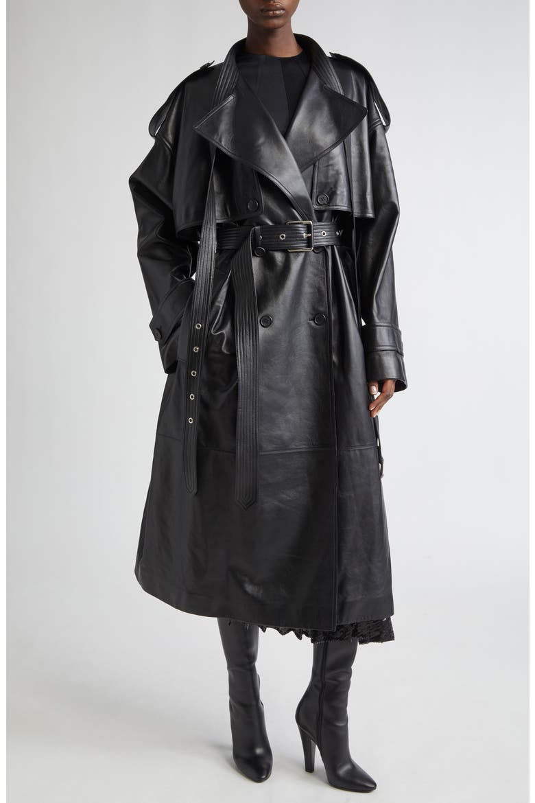 Belt Neck Plongé Leather Trench Coat, Main, color, BLACK