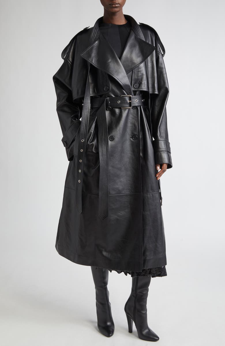 Michael Kors Collection Belt Neck Plongé Leather Trench Coat, Main, color, Black