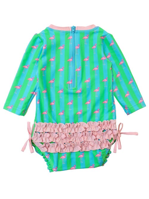 Shop Rufflebutts Toddler Girls Long Sleeve Upf50+ One Piece Rash Guard In Neon Flamingo Stripe