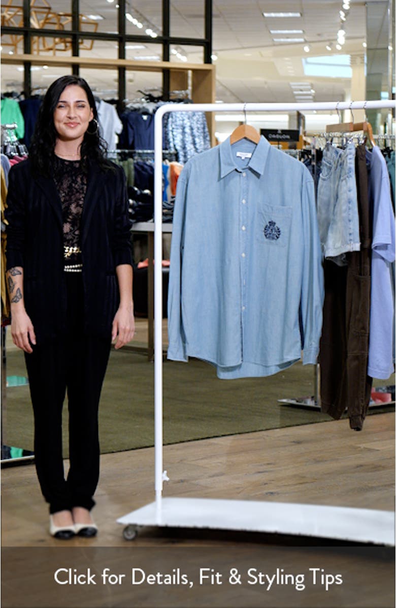Embroidered Crest Oversize Chambray Button-Up Shirt, sales video thumbnail