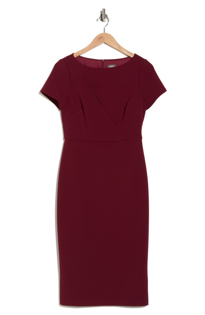 Vince Camuto Short Sleeve Stretch Crepe Midi Sheath Dress, Alternate, color, Burgundy