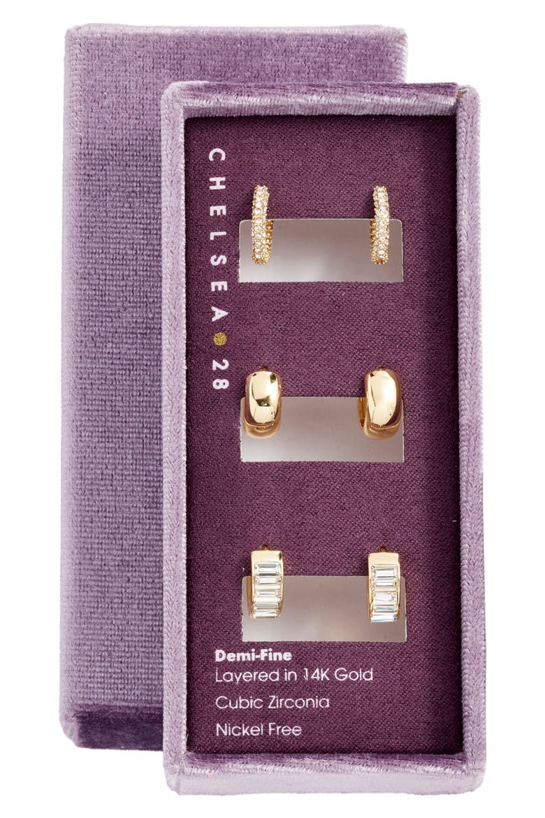 Gift Boxed Set of 3 Huggie Hoop Earrings, Main, color, CLEAR- GOLD