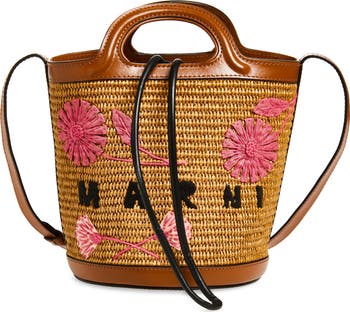 トートバッグ MARNI Embroidered Canvas Tropicalia Bucket Bag Marni Marni Tropicalia Small Bucket Bag in brown leather and
