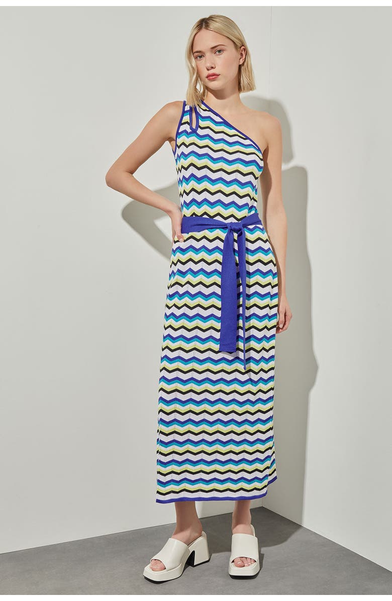 Ming Wang Modern Fit One Shoulder Column Maxi Dress, Main, color, Bermud/Sapphir/Limon/White/Blk